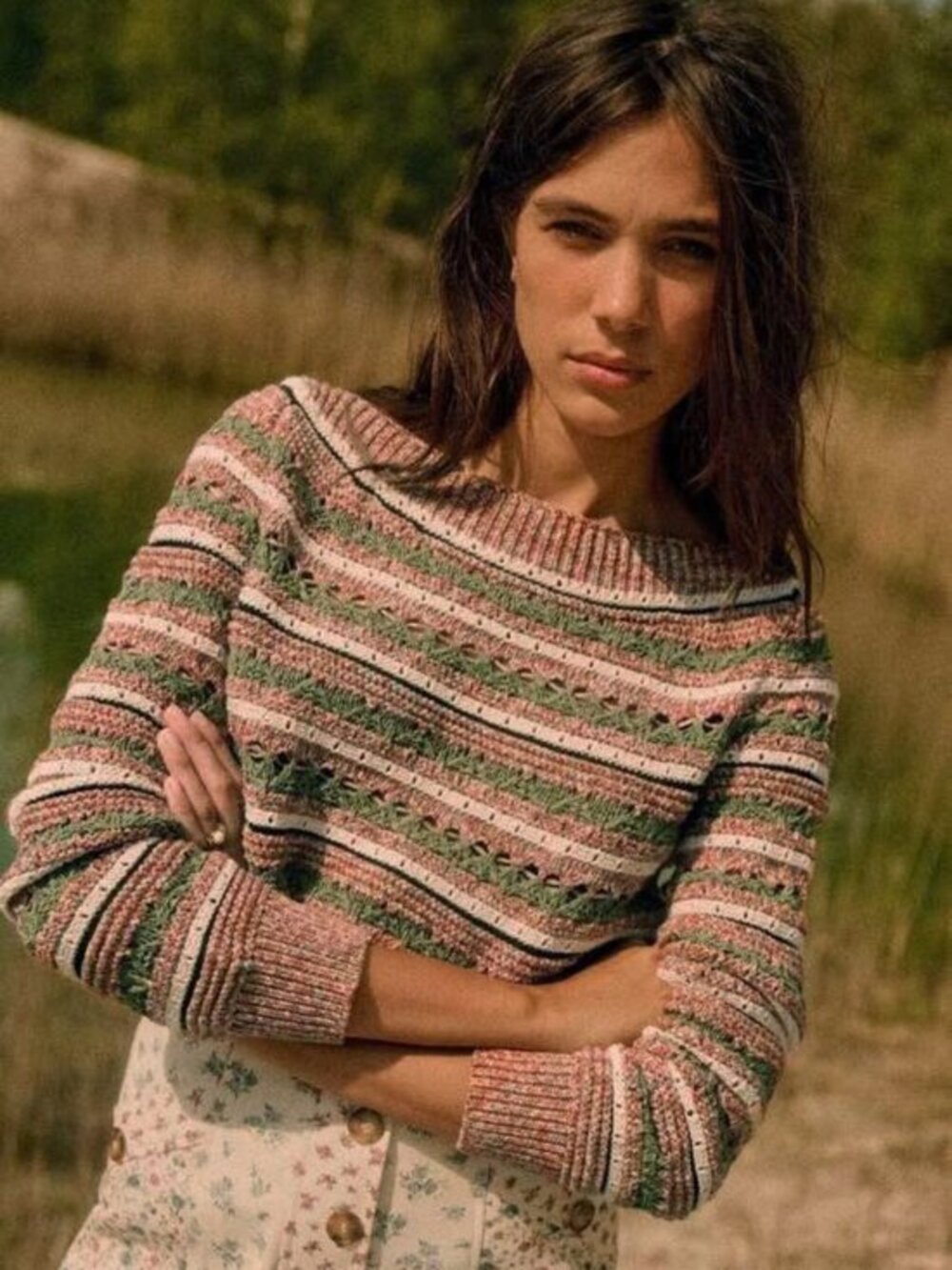 Like New Sezane Marge Cotton Blend Crochet Striped Sweater Rust Olive Small